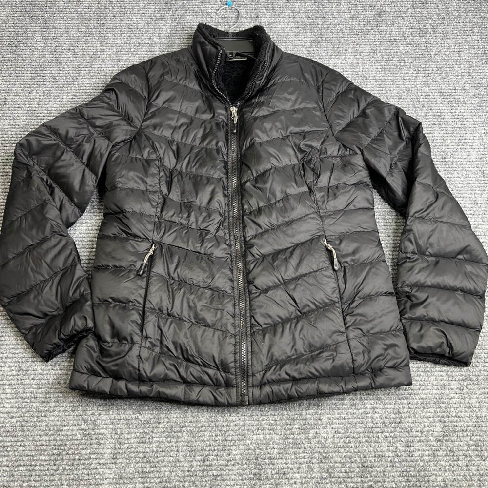 32 Degrees Heat Womens Black Down Puffer Jacket Faux Fur Lined Small Chevron Zip